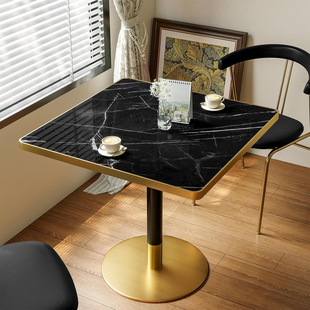 31.5'' Tulip Table, Square Dining Table with Sintered Stone Tabletop | Gold Edge & Pedestal, Bistro Table for 2-4 Person for Dining Room/Café/Small Spaces/Restaurant (Black Marble Vein)
