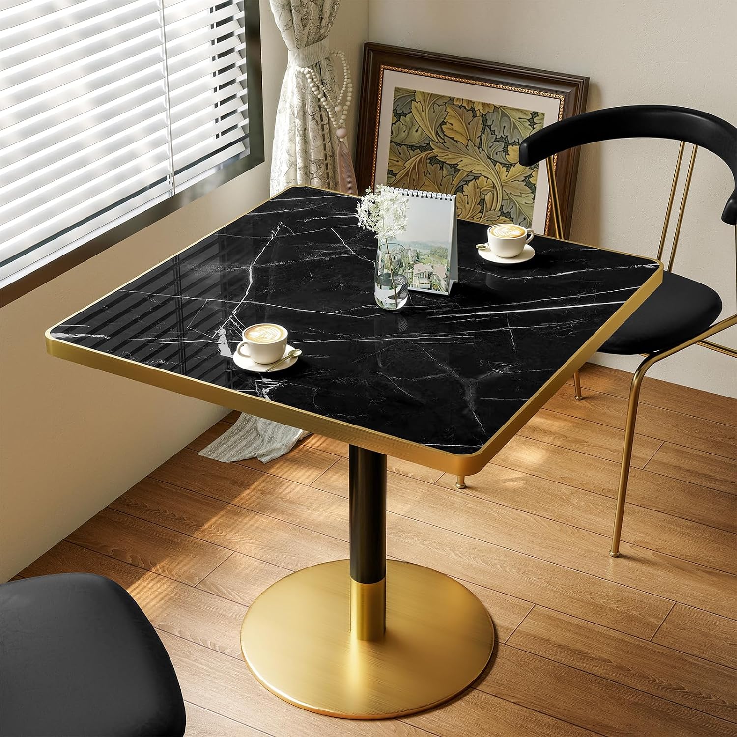 31.5'' Tulip Table, Square Dining Table with Sintered Stone Tabletop | Gold Edge & Pedestal, Bistro Table for 2-4 Person for Dining Room/Café/Small Spaces/Restaurant (Black Marble Vein)