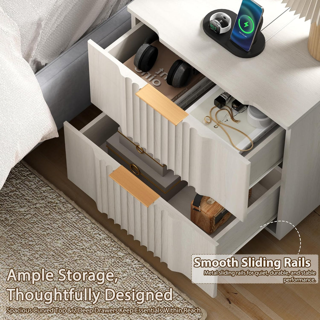 Yechen Fluted Nightstand Set of 2 with Ultra-Fast Charging Station, White | Large Drawers, FSC-Certified Wooden Board, Unique Fluted Profile, Metal Handle, Mid Century Modern Bedside Table for Bedroom
