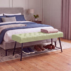 Thick Cushioned Shoe Bench, Entryway Bench with Metal Shoe Rack, Upholstered Tufted Ottoman Bench for Bedroom, End of Bed Bench, Farmhouse Style Storage Bench for Hallway, Living Room, Beige