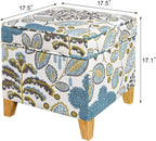 Adeco 18 Inch Linen Storage Ottoman Cube, Upholstered Footstool for Living Room & Bedroom, Vanity Stool with Safety Hinge Lid & Solid Wood Legs, 2-Min Assembly, Blue Leaves