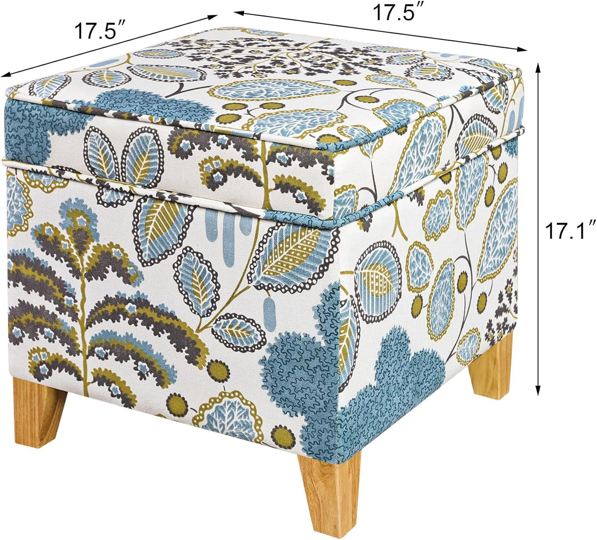 Adeco 18 Inch Linen Storage Ottoman Cube, Upholstered Footstool for Living Room & Bedroom, Vanity Stool with Safety Hinge Lid & Solid Wood Legs, 2-Min Assembly, Blue Leaves