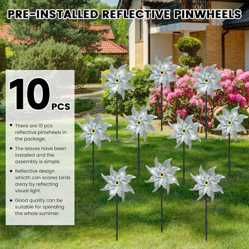 10 PCS Reflective Pinwheels for Yard and Garden Bird Devices Pre-Installed Sparkly Wind Spinner Deterrent to Scare Birds Away from Yard Patio Farm (Silver)