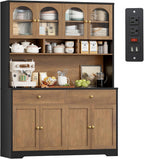 FINETONES 71" Pantry Cabinet, Tall Kitchen Pantry with Charging Station | 47.2" Wide Kitchen Hutch Food Storage Cabinets with Open Countertop, Kitchen Pantry Cabinet for Dining Room, Black/Brown