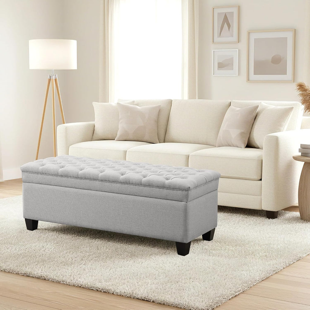 50" Storage Ottoman Bench, Rectangular End of Storage Bench, Upholstered Large Fabric Tufted Ottoman with Storage for Living Room, Bedroom, Entryway,Light Gray