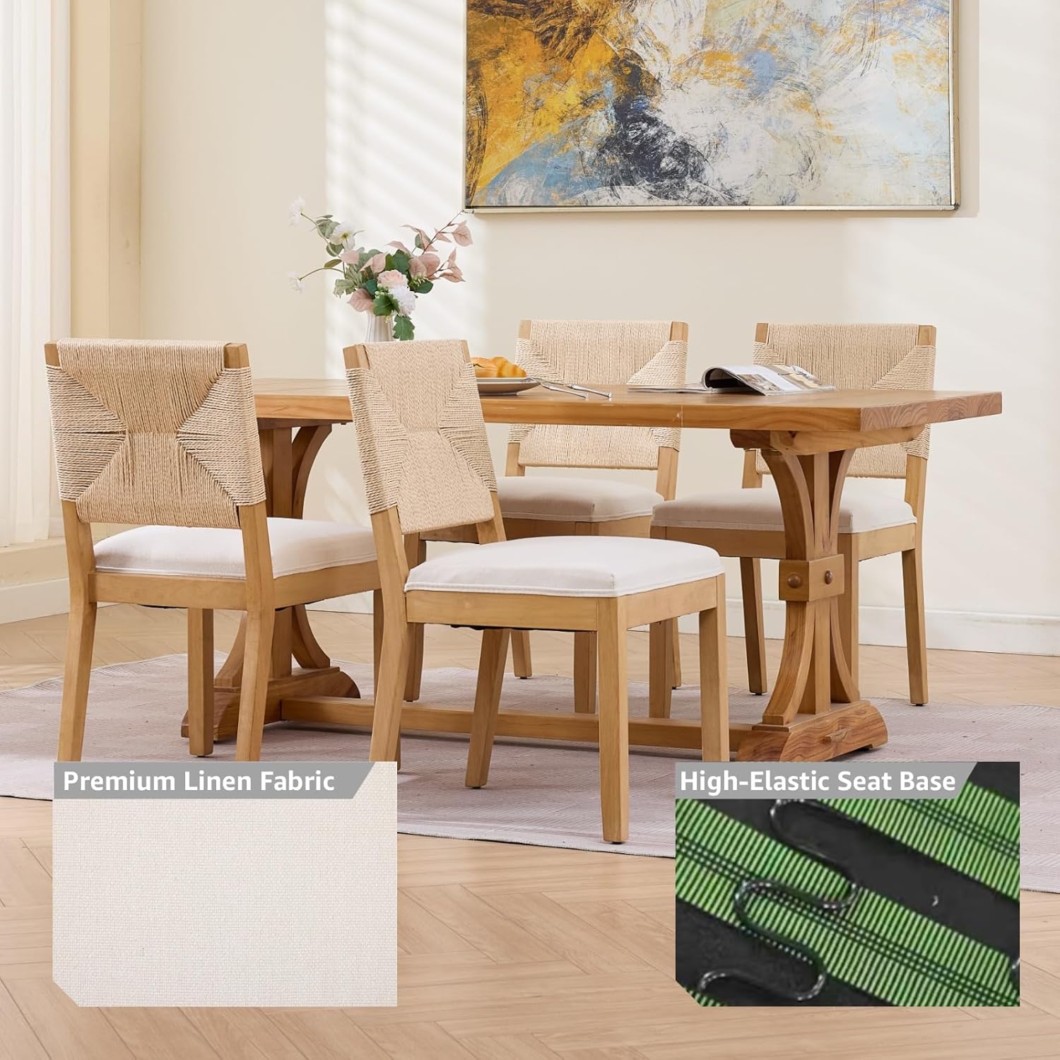 French Country Dining Chairs Set of 2, Beige Farmhouse Wood Dining Room Chairs, Woven Back Linen Upholstered Dining Chair, Solid Wood Legs, Boho Style Kitchen Chairs, Sillas de Comedor