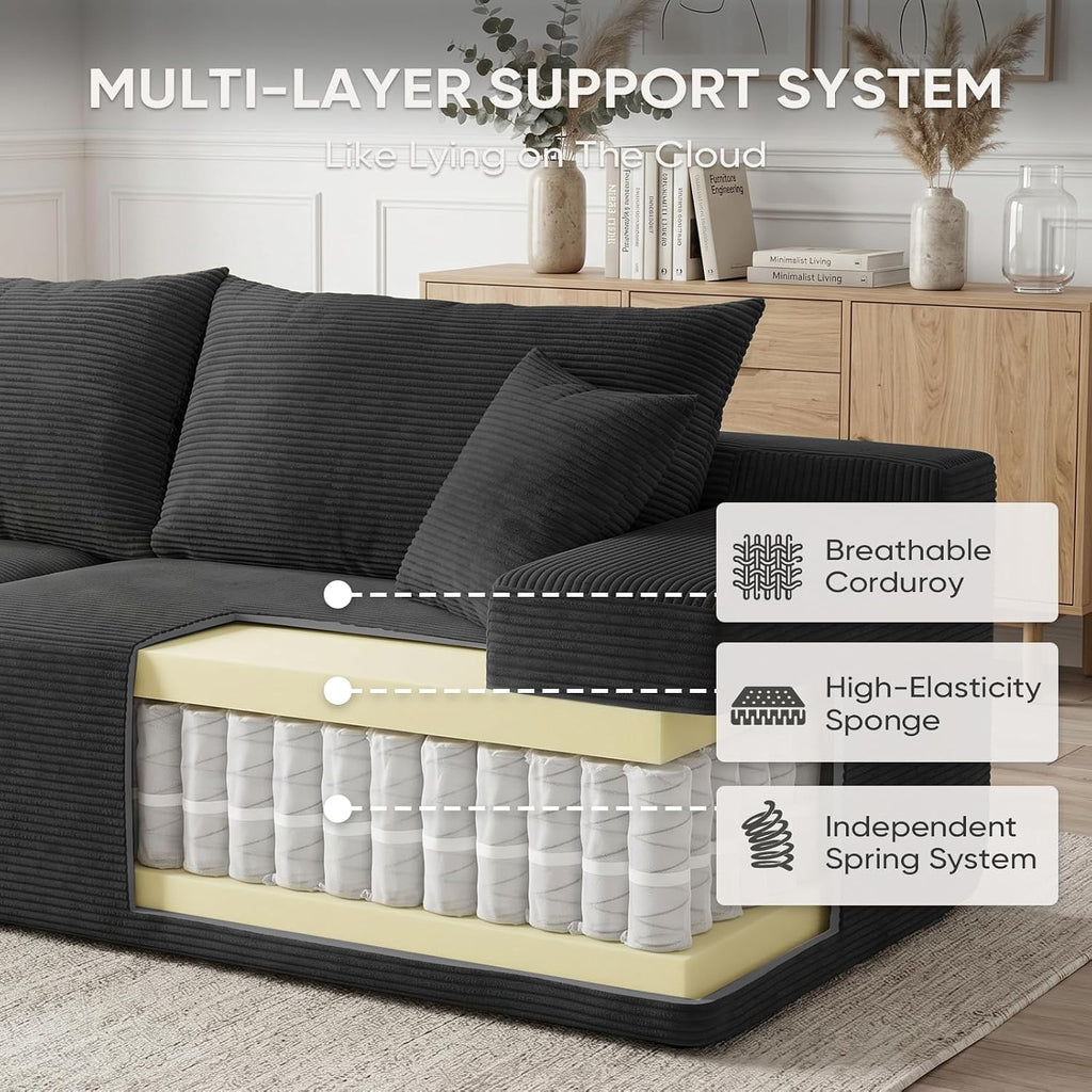 Couch, 102.4" Sectional Couches for Living Room with L Shape Sofa | Cloud Couch Sectional with Chaise, Modular Cloud Sofa with Deep Seat, No Assembly, Black, Corduroy, Left Chaise