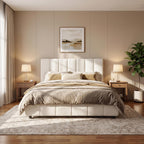 Merax Boucle Upholstered Queen Bed Frame with 42.7" High Headboard & 3.9" Thick, Vertical Stripe Tufting Design, Modern Queen Size Platform Bed, Solid Wood Support Leg, Bear 600Lbs, Off White