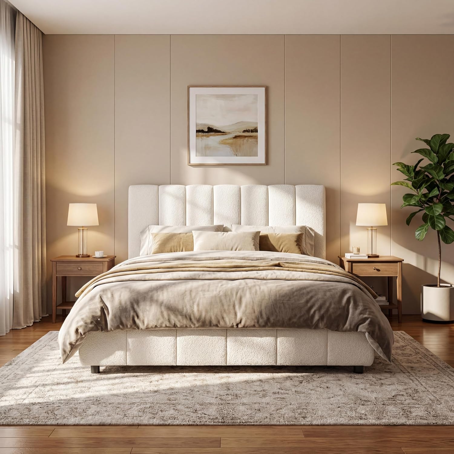 Merax Boucle Upholstered Queen Bed Frame with 42.7" High Headboard & 3.9" Thick, Vertical Stripe Tufting Design, Modern Queen Size Platform Bed, Solid Wood Support Leg, Bear 600Lbs, Off White