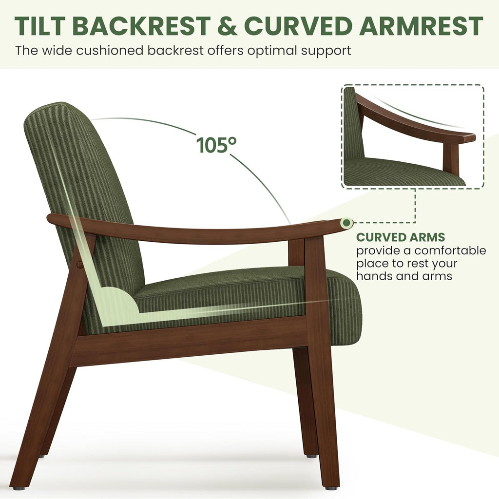 Yaheetech Accent Chairs, Mid-Century Corduroy Fabric Armchairs, Dark Green | Corduroy Chair with Solid Wood Legs, Cozy Reading Leisure Chair for Living Room, Bedroom, Waiting Room