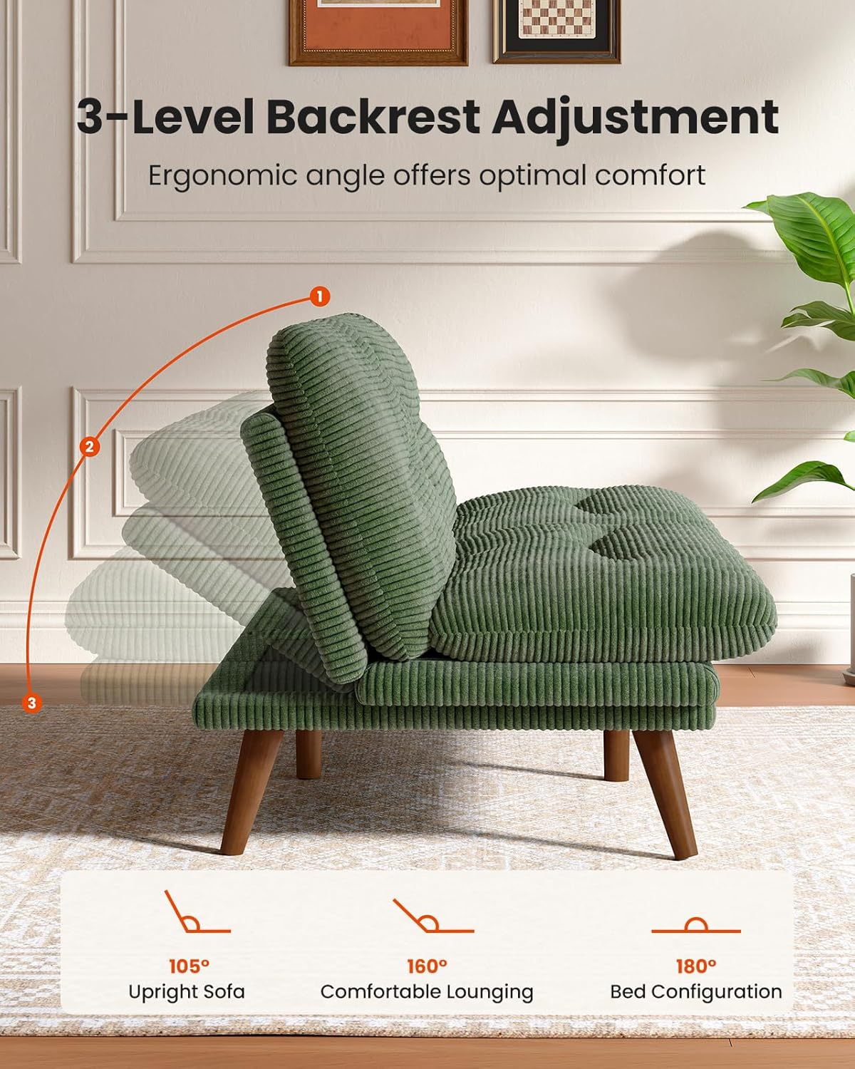66″Futon Sofa Bed,3-in-1 Futon Couch w/Adjustable Backrest & Armrests, Convertible Sleeper Sofa Bed, Small Folding Sleeper Recliner w/Removable Cushion for Apartment, Living Room,Office (66in,Green)