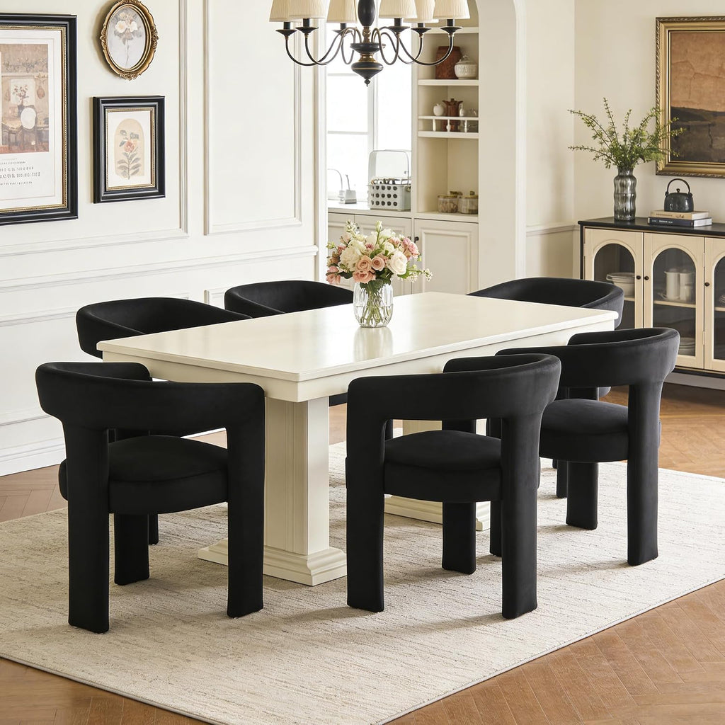 Modern Barrel Dining Chairs Set of 6, No Assembly Velvet Upholstered Dining Room Chairs with Open Back and 3 Legs, Comfy Accent Armchairs for Living Room/Bedroom/Kitchen/Reading, Black