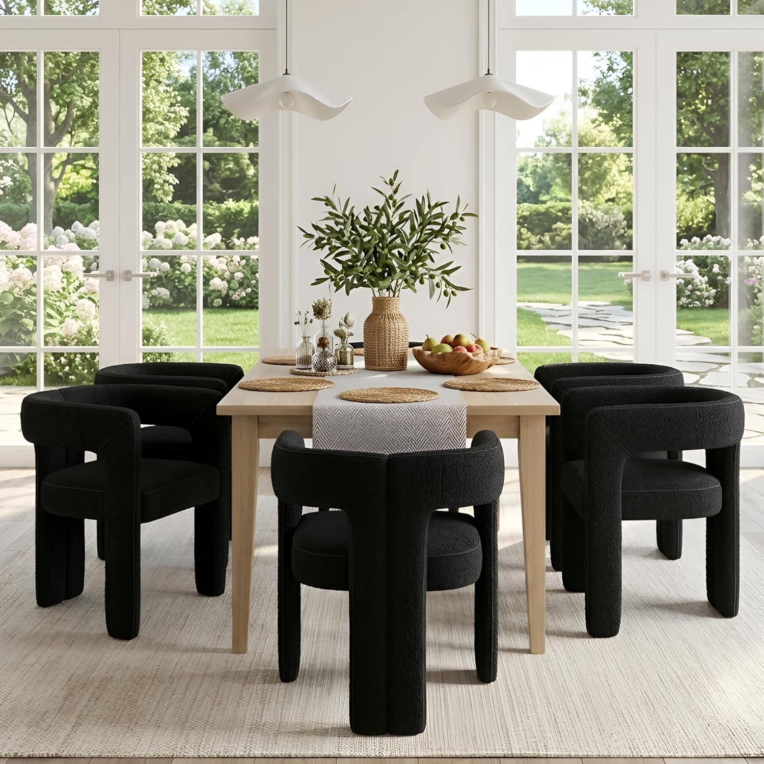 VESCASA Modern Barrel Dining Chairs Set of 2 with Open Back, Upholstered Boucle Accent Kitchen Armchairs with Wood Legs for Dining Room Reception Small Space, Black