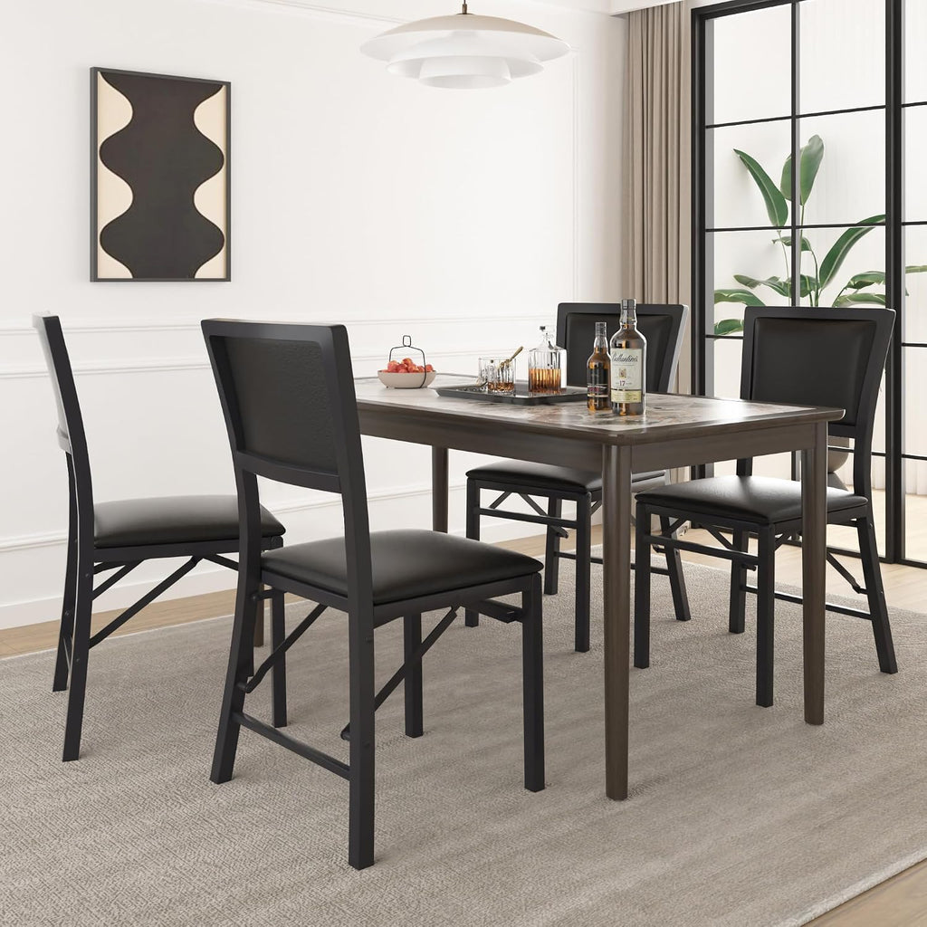 VECELO Folding Dining Chairs Set of 4, Metal Padded Foldable Seating with Comfortable Faux Leather, Space-Saving Portable Guest Seats for Kitchen & Office, No Assembly, Black
