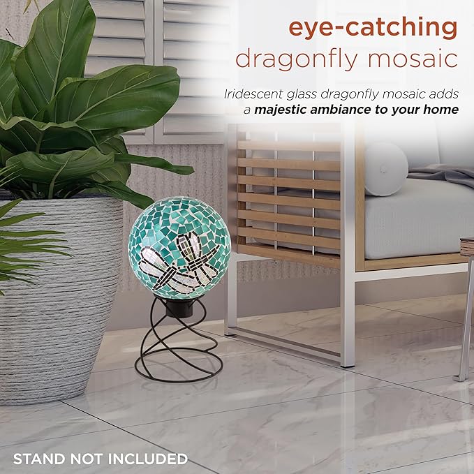 Alpine Corporation HMD194 Outdoor Glass Mosaic Gazing Globe Yard Decoration, 10"Diameter, Dragonfly Duo