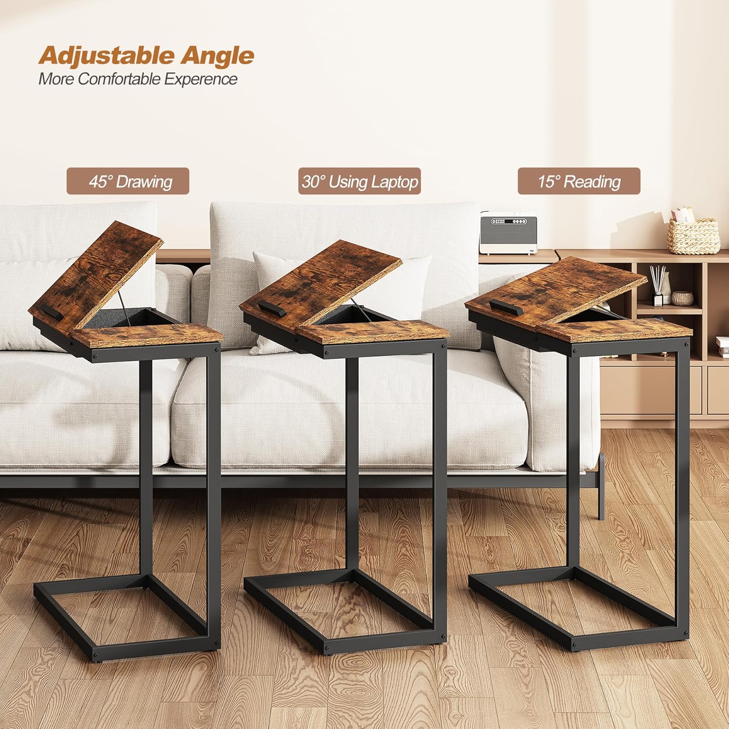 TUTOTAK C Shaped End Table, Tilting Laptop Stand Side Table, Under Couch Table for Living Room Bedroom, Brown TB01BB089