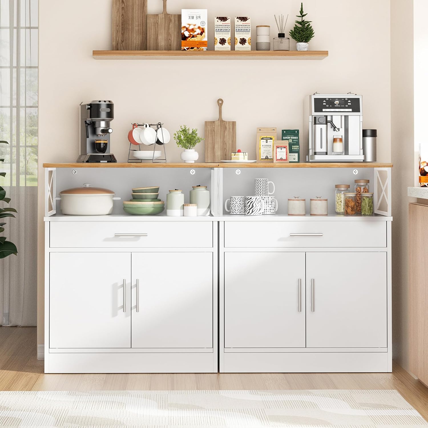 Shintenchi Kitchen Buffet Cabinet with Adjustable Shelf, Modern Kitchen Storage Cabinet,Farmhouse Coffee Bar Cabinet（White）