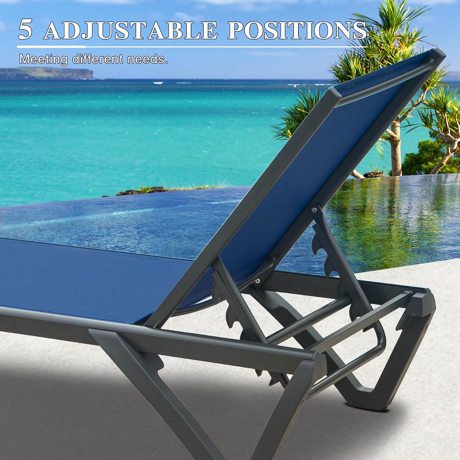 Domi Aluminum Pool Lounge Chair Outdoor Set of 2 Chaise Lounge Outdoor | Wheels, Adjustable, Textilene, Navy Blue, All Weather, Poolside, Backyard, Patio, Deck, Outside
