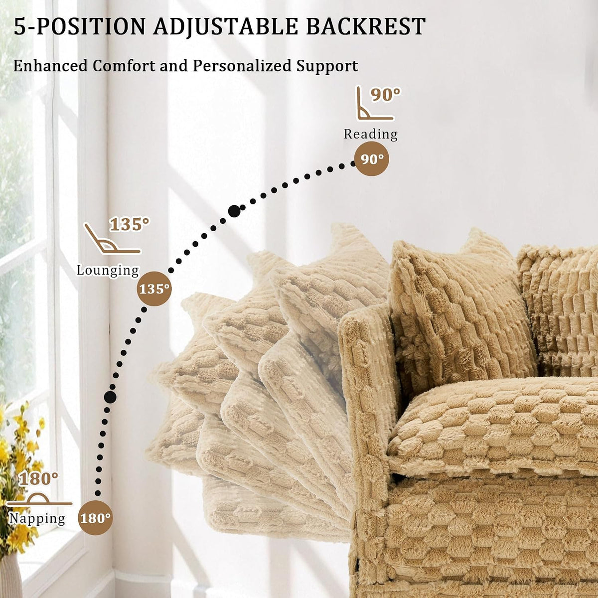 Faux Fur Oversized Chaise Lounge Indoor with Adjustable Backrest | 59 Inches Single Sleeper Sofa Chair, with 3 Lumbar Pillows, Upholstered, for Living Room, Bedroom, Office