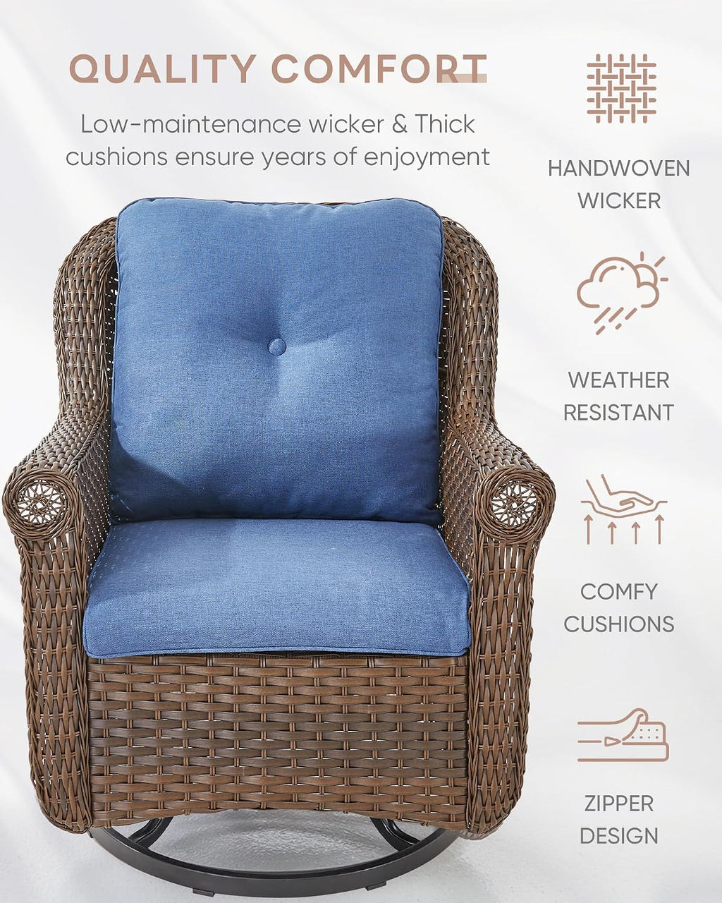 Patio Chairs Outdoor Swivel Glider - Set of 2 High Back Outside Brown Wicker Rattan Rocking Chair with Thick Cushion for Porch Apartment Deck Yard Poolside Garden - Navy Blue