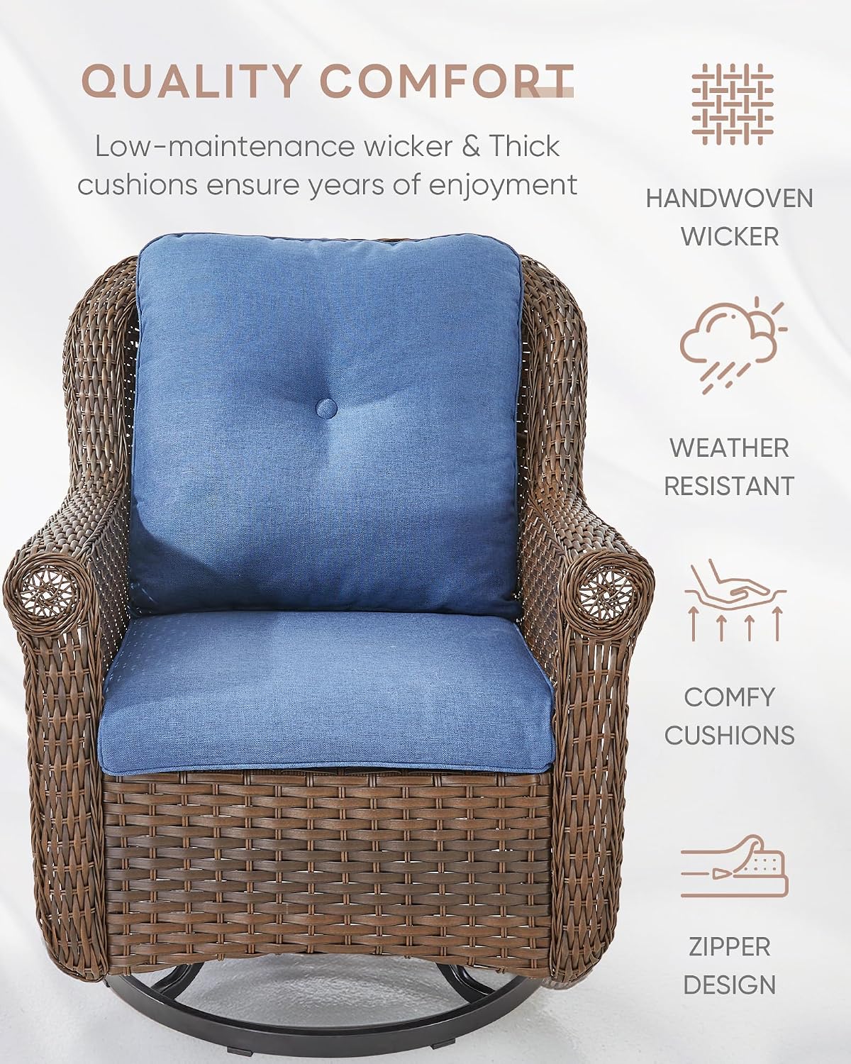Patio Chairs Outdoor Swivel Glider - Set of 2 High Back Outside Brown Wicker Rattan Rocking Chair with Thick Cushion for Porch Apartment Deck Yard Poolside Garden - Navy Blue