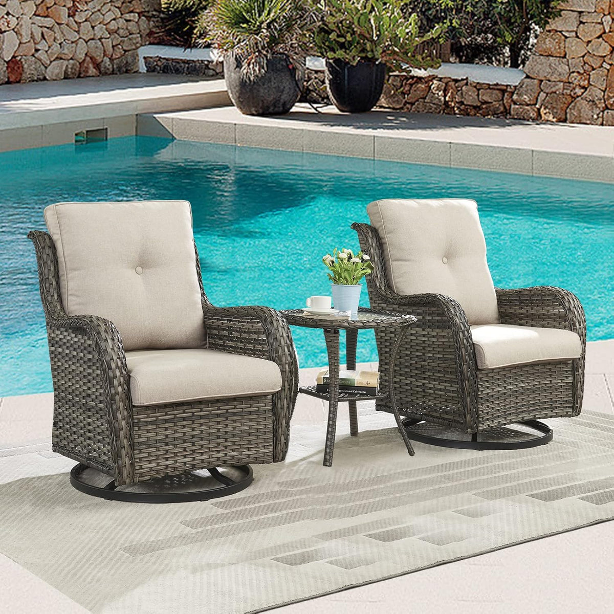 Outdoor Patio Swivel Rocker Chairs - Wicker Rattan Patio Swivel Rocking Chairs Set of 2 with High Back,Deep Seating and Comfort Cushions for Deck Porch Garden,Mixed Grey/Beige