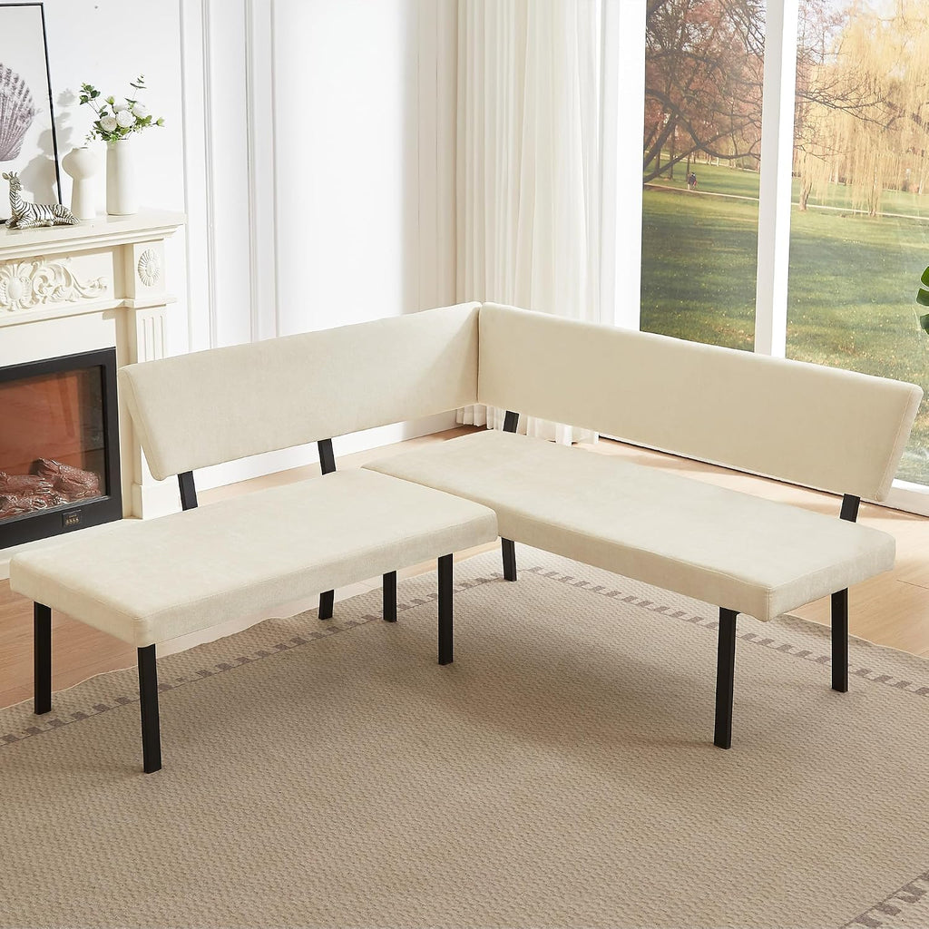 HIPIHOM Modern L-Shaped Dining Bench, 67 Inch Fabric Upholstered Corner Sofa with Metal Legs for Kitchen Nook, Living Room, Dining Room (Beige)