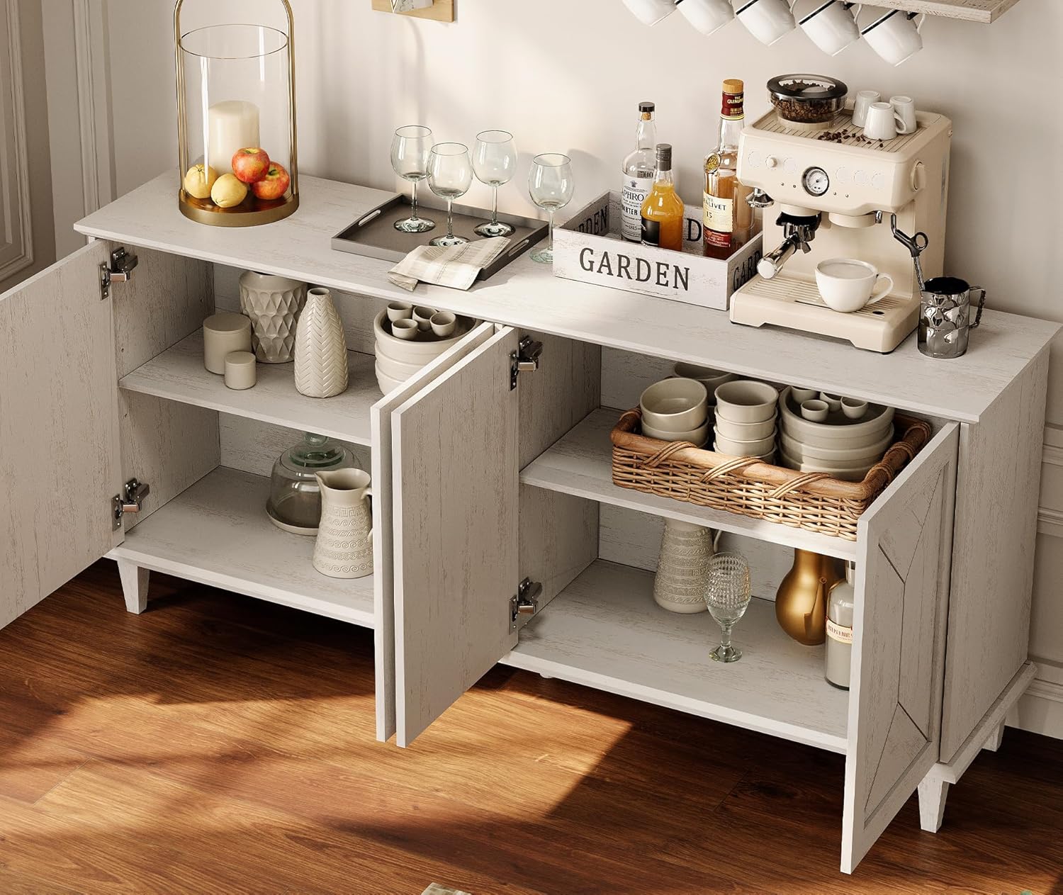 WAMPAT 65-inch Handcrafted Patchwork Decorative Buffet Cabinet with Pop-Up Design Doors,Full Unit Modern Farmhouse Accent Credenza for Coffee Bar, Kitchen, and Living Room, Pale Oak