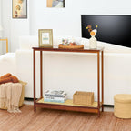 Bamboo Narrow Console Table, 31.5"(L) Wood Small Entryway Table with Rattan and Glass, Accent Slim Hallway Tables, Thin Sofa Side Tables for Hallway, Living Room, Bedroom, Foyer, Walnut