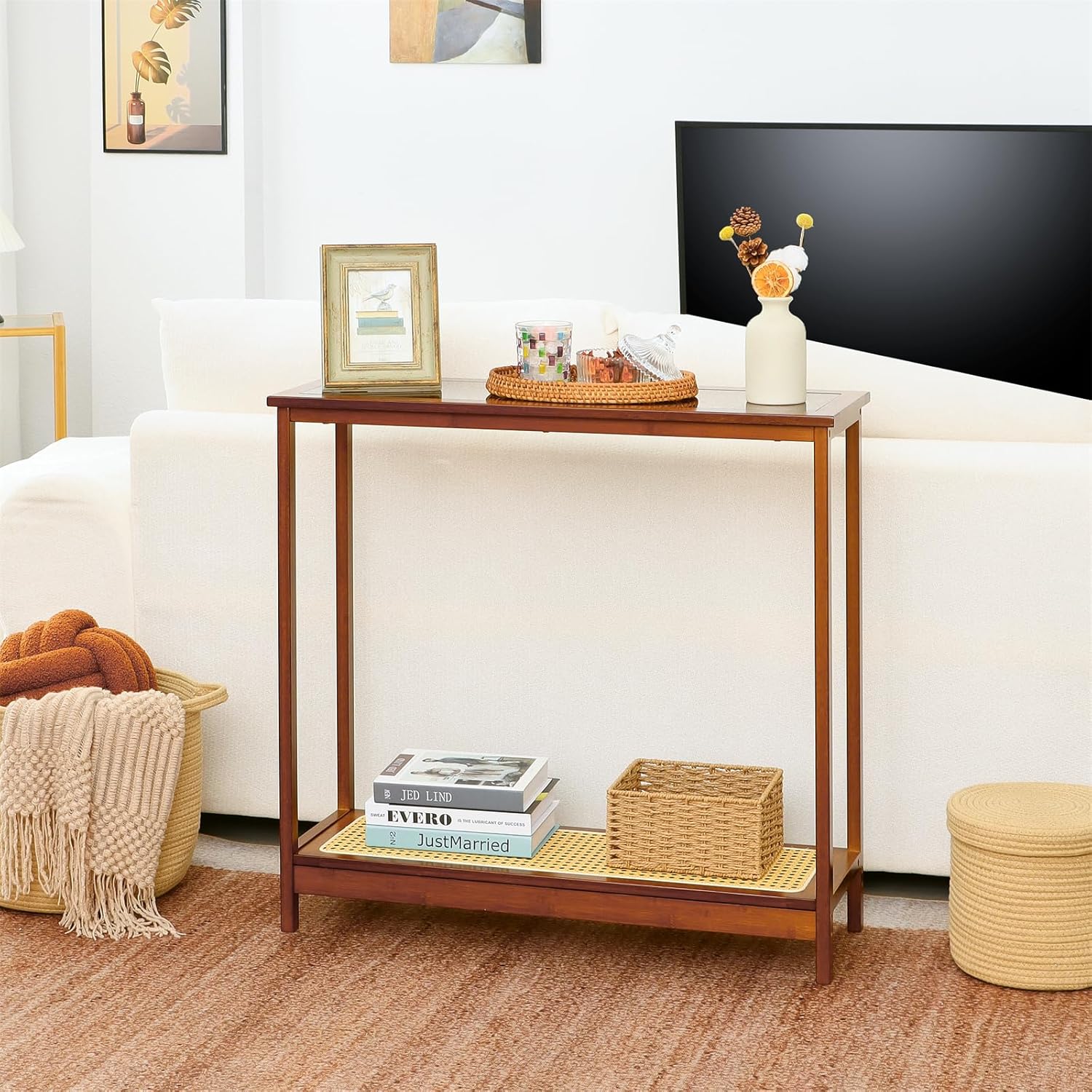 Bamboo Narrow Console Table, 31.5"(L) Wood Small Entryway Table with Rattan and Glass, Accent Slim Hallway Tables, Thin Sofa Side Tables for Hallway, Living Room, Bedroom, Foyer, Walnut