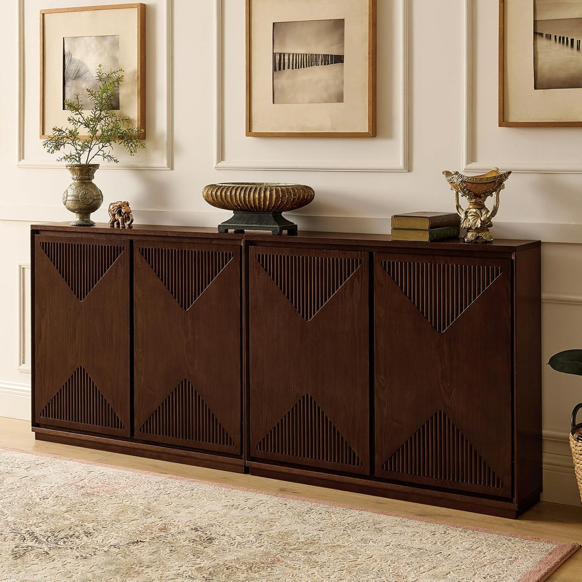 LKTART Narrow Sideboard Buffet Storage Cabinet with Solid Wood Doors,Mid Century Modern Accent Credenza Cabinet,Media Console Table for Kitchen, Living Room, Entryway-Dark Walnut