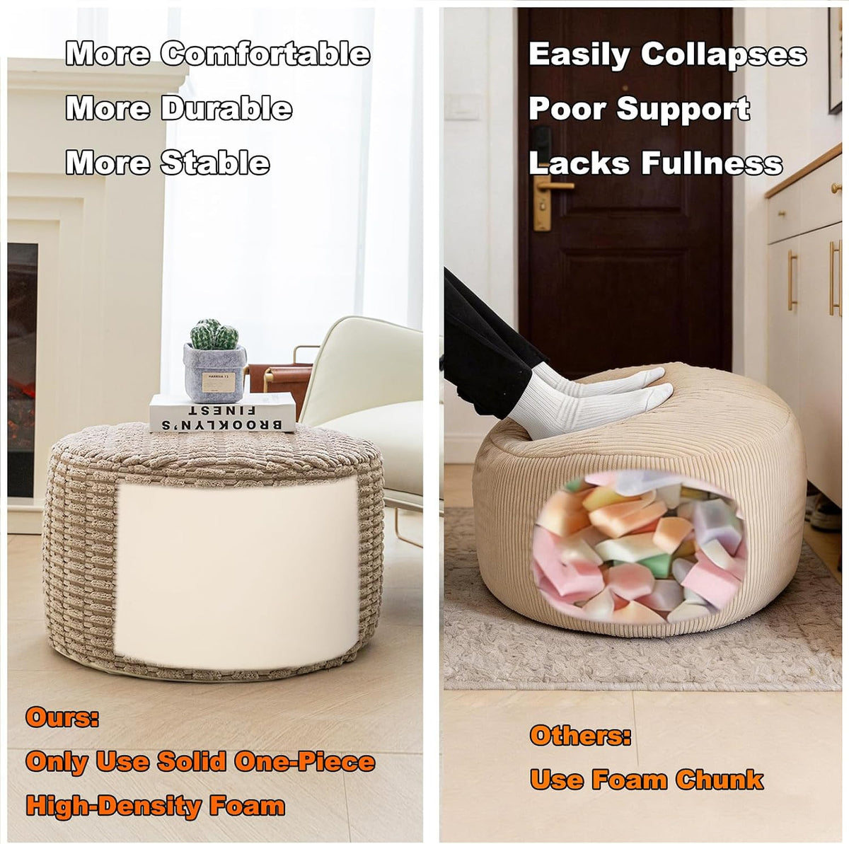 Asuprui Pouf Ottoman Round Foam Filled Foot Rest Stool Floor Pouf Footrest | 20x14 In,Light Coffee,All-One Foam Pouf, Ottoman Coffee Table,Couch Foot Rest ,Remov. Cover for Living Room Entryway Bedroom