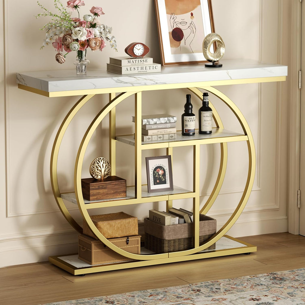 Shintenchi 41.3” Console Table with Storage, Industrial Entryway Table with Marble Top, 4-Tier Shelves Sofa Table Behind Couch, Narrow Accent Table for Living Room, Entryway, Hallway, Foyer,White Gold