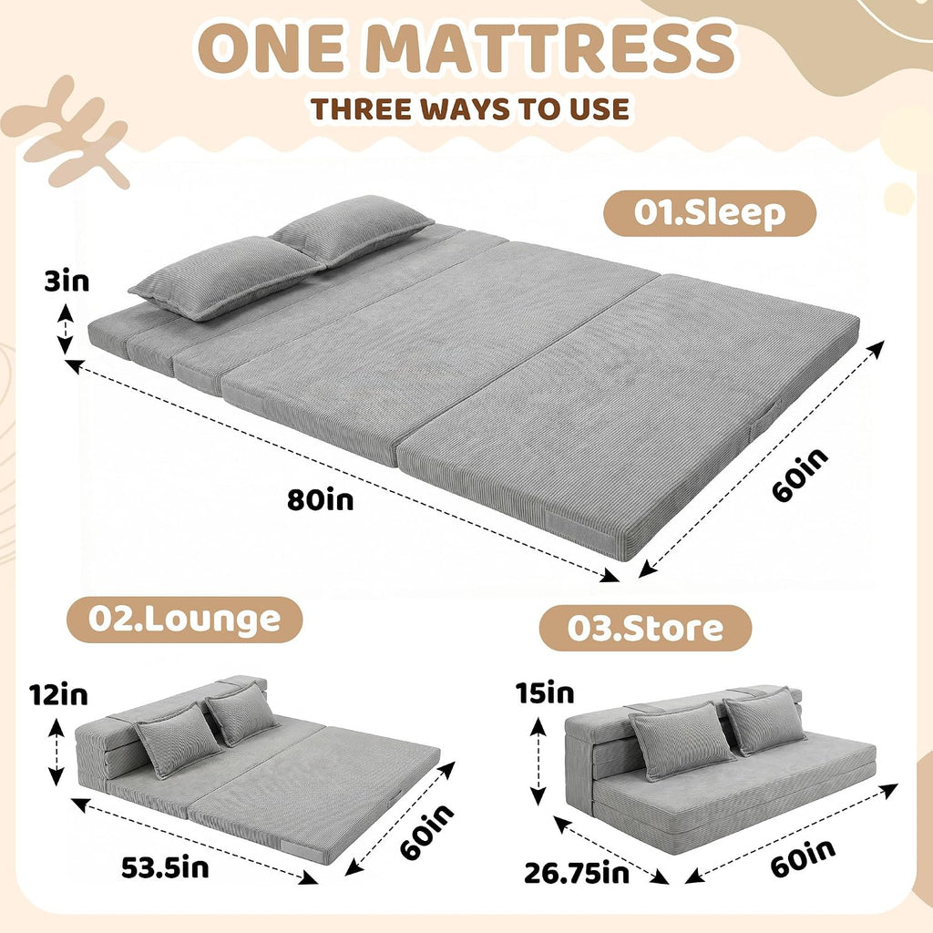 Tri-Fold Futon Mattress, Foldable Japanese Floor Sleep Mattress, High-Density Foam Tatami Bed Mat with Corduroy Cover, Floor Bed Mat for Couples, Guest Use (Charcoal Gray,Queen)