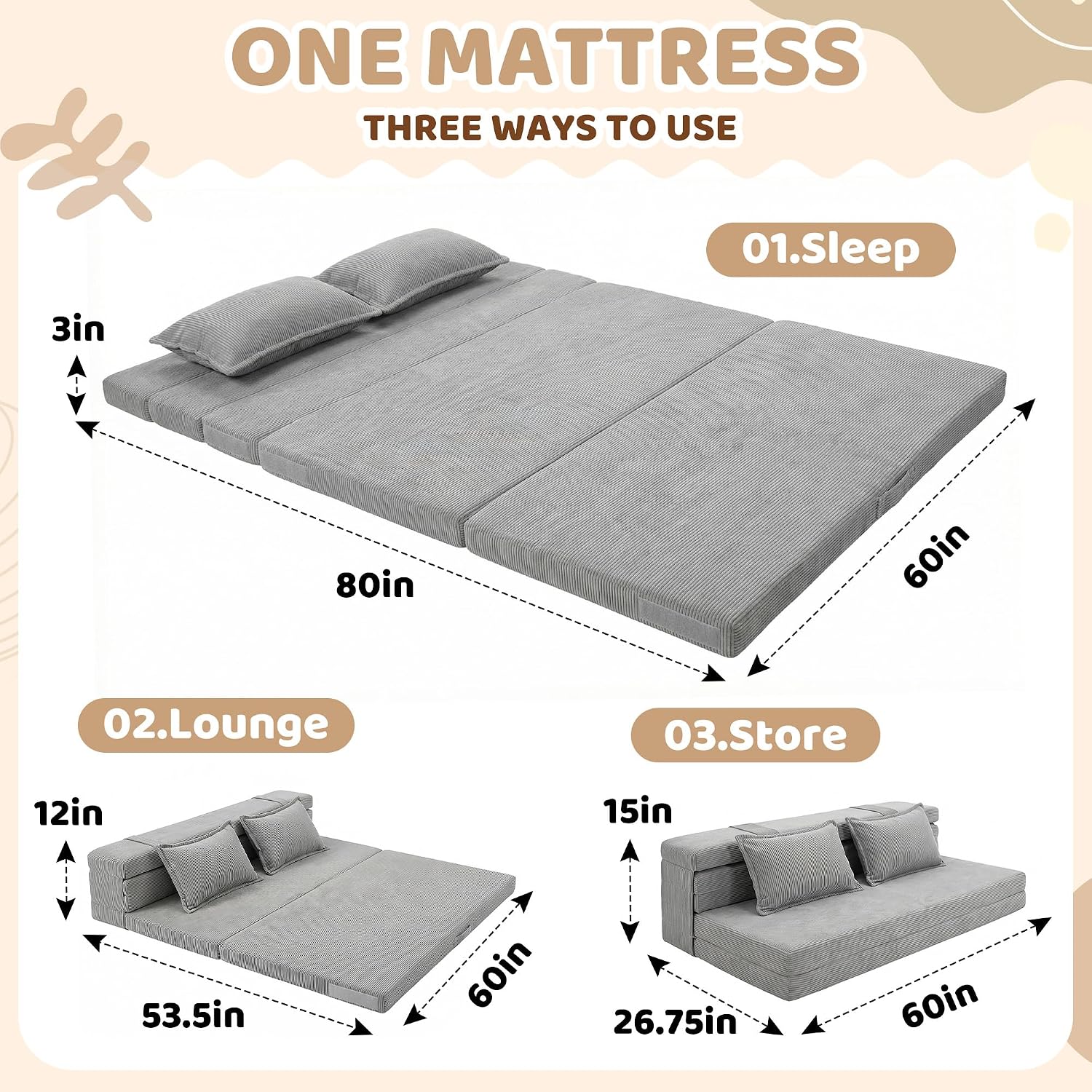 Tri-Fold Futon Mattress, Foldable Japanese Floor Sleep Mattress, High-Density Foam Tatami Bed Mat with Corduroy Cover, Floor Bed Mat for Couples, Guest Use (Charcoal Gray,Queen)