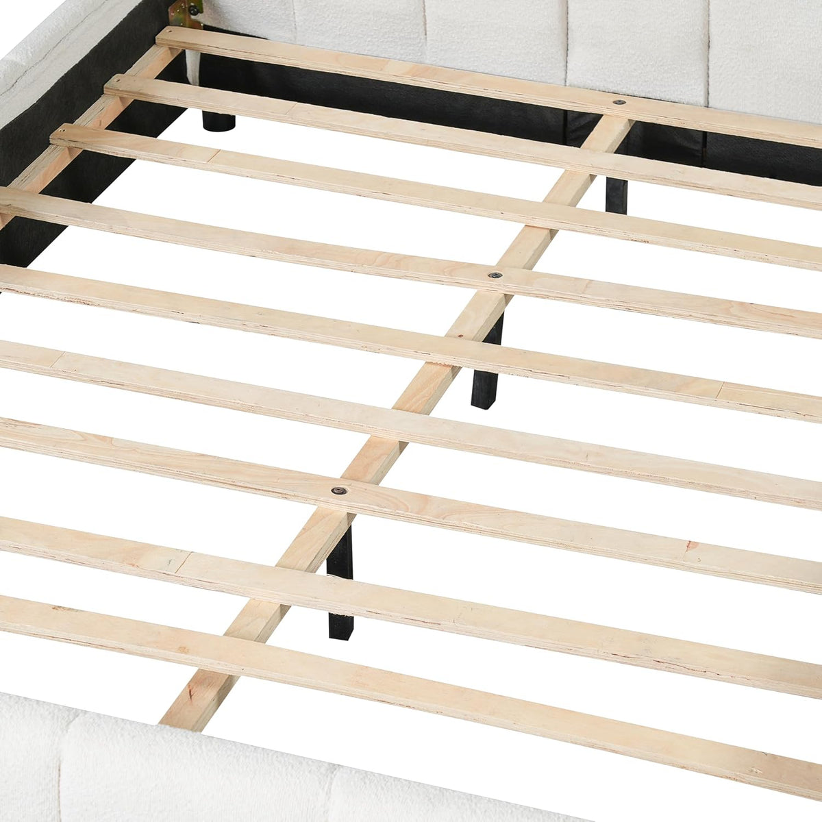 Merax Boucle Upholstered Queen Bed Frame with 42.7" High Headboard & 3.9" Thick, Vertical Stripe Tufting Design, Modern Queen Size Platform Bed, Solid Wood Support Leg, Bear 600Lbs, Off White