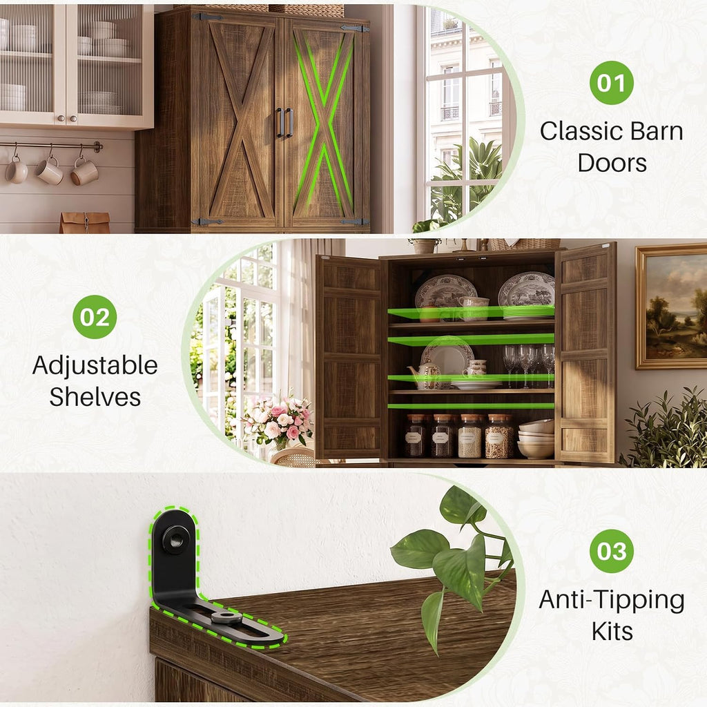 Unikito 71" Tall Kitchen Pantry Storage Cabinet with Built-in Drawer | 31.5" Wide Wood Farmhouse Storage Cabinet with Barn Doors and 3 Shelves, for Home Kitchen,Dining/Living/Laundry/Room
