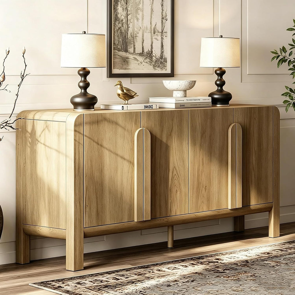 WAMPAT 63" W Large Buffet Sideboard Cabinet with Storages, Modern Buffet Table Coffee Bar Wine Bar Storage Curved Cabinet with 4 Doors for Dining Room, Living Room, Kitchen, Light Walnut