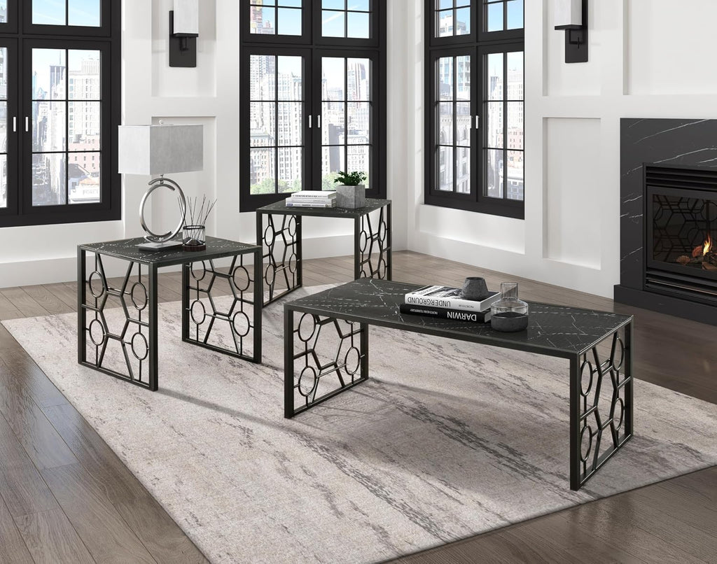 Polay 3pc Stylish Occasional Table Set Marble Print Tempered Glass Top | Features marble print tempered glass tops, metal base with lower shelf for storage. Ideal for modern living room, office