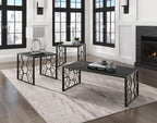 Polay 3pc Stylish Occasional Table Set Marble Print Tempered Glass Top | Features marble print tempered glass tops, metal base with lower shelf for storage. Ideal for modern living room, office