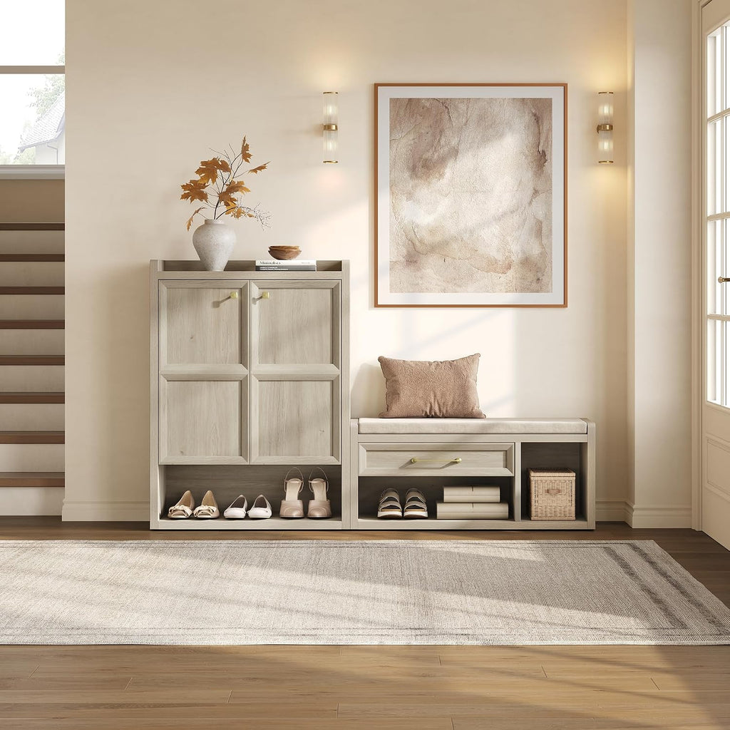 SICOTAS Shoe Bench with Storage, Farmhouse 43.3" Extra Wide Entryway Bench with Cushion, Drawer & Tall Boot Shelf, 18.9" Comfort Height Seat, Large Shoe Organizer for Hallway Bedroom, Grey White Oak