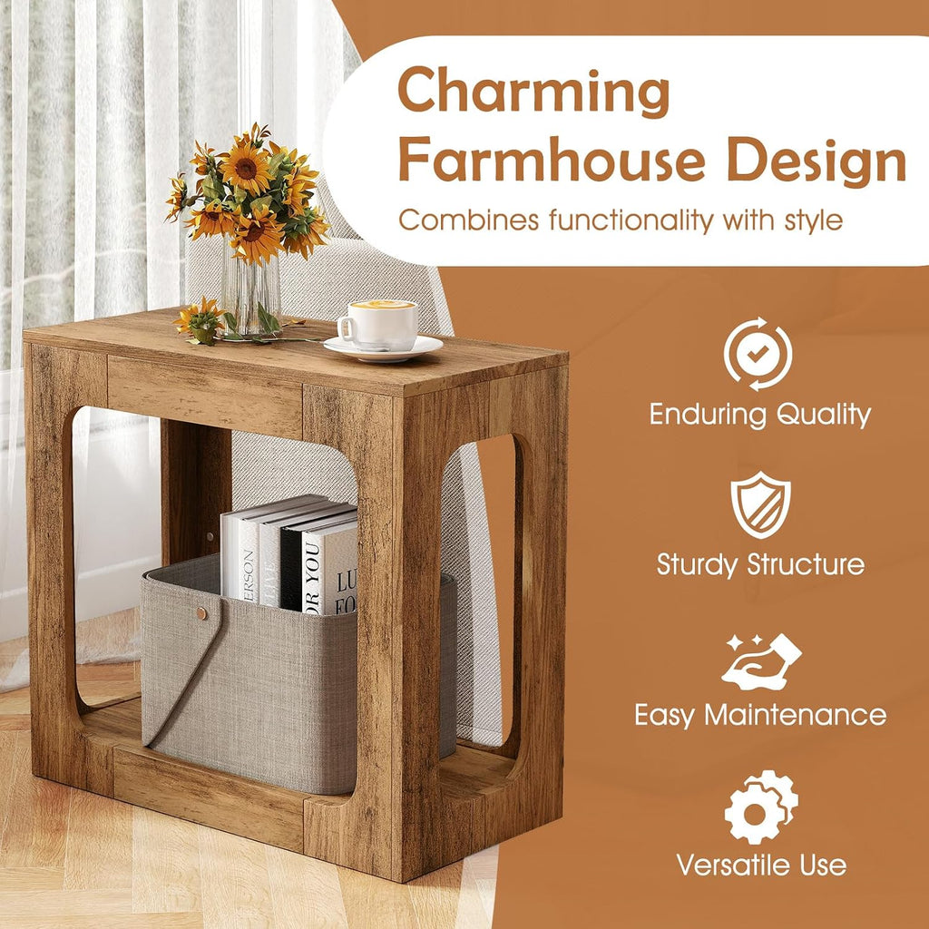 GOFLAME Narrow End Table, Farmhouse Wood Sofa Side Table 2-Tier with Storage Shelf, Arched Rustic Small Accent Tables, Rectangular Compact Night Stand for Living Room, Bedroom, Oak