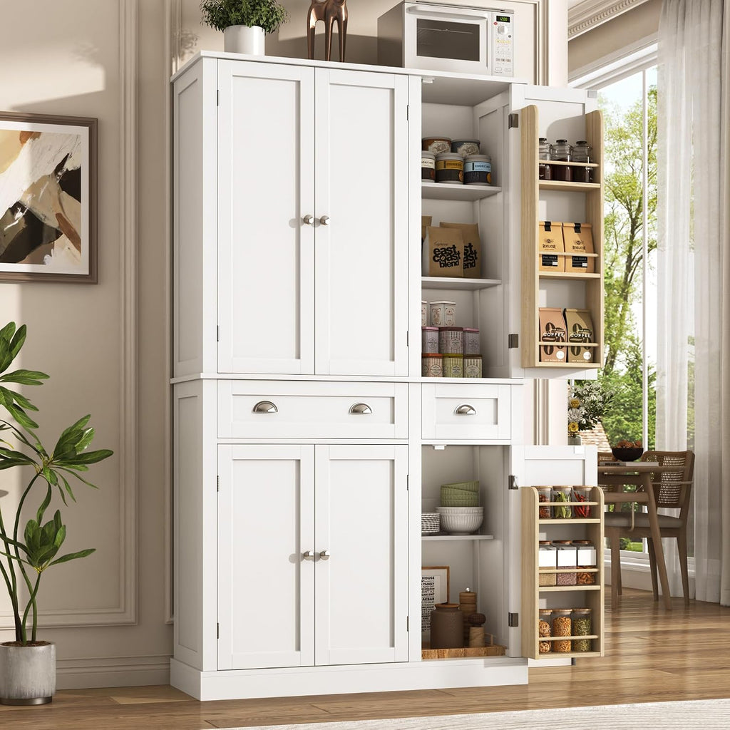 71"H Tall Kitchen Pantry Cabinet with LED Lights,39"W Modern Large Kitchen Hutch Cabinet w/6 Door Shelves,2 Large Drawer,Freestanding Food Pantry w/Adjustable Shelves for Kitchen,Dining Room,White