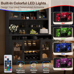BINGTOO 71" Tall Kitchen Pantry Cabinet with Charging Station, 54" Large Kitchen Hutch with LED Lights & Pegboard, Coffee Bar Cabinet with Wine Rack and Adjustable Shelves (Black, 1 Cabinet)