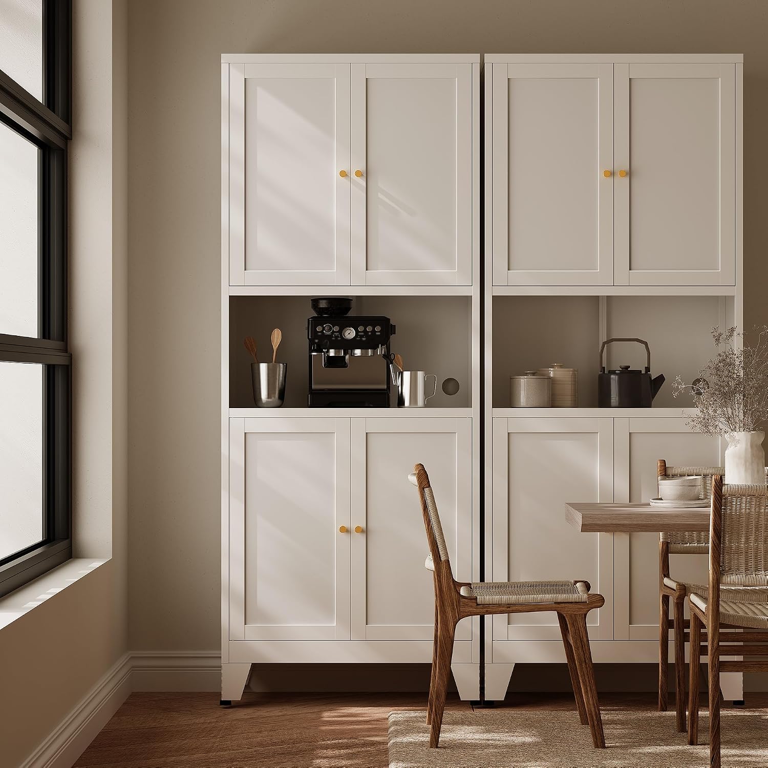 69"H Kitchen Pantry Cabinet with Countertop and Microwave Shelf,Metal Microwave Stand Cabinet with Storage，White Farmhouse Food Storage cabinet,Tall Freestanding Pantry Cabinets for Dining Room