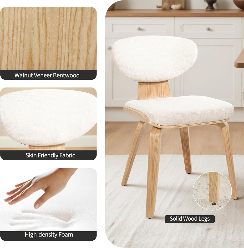 Art Leon Dining Chairs Set of 4 - Mid Century Modern Dining Room Chairs Upholstered Fabric Armless Side Chair with Wood Legs for Kitchen, Walnut Bentwood/White