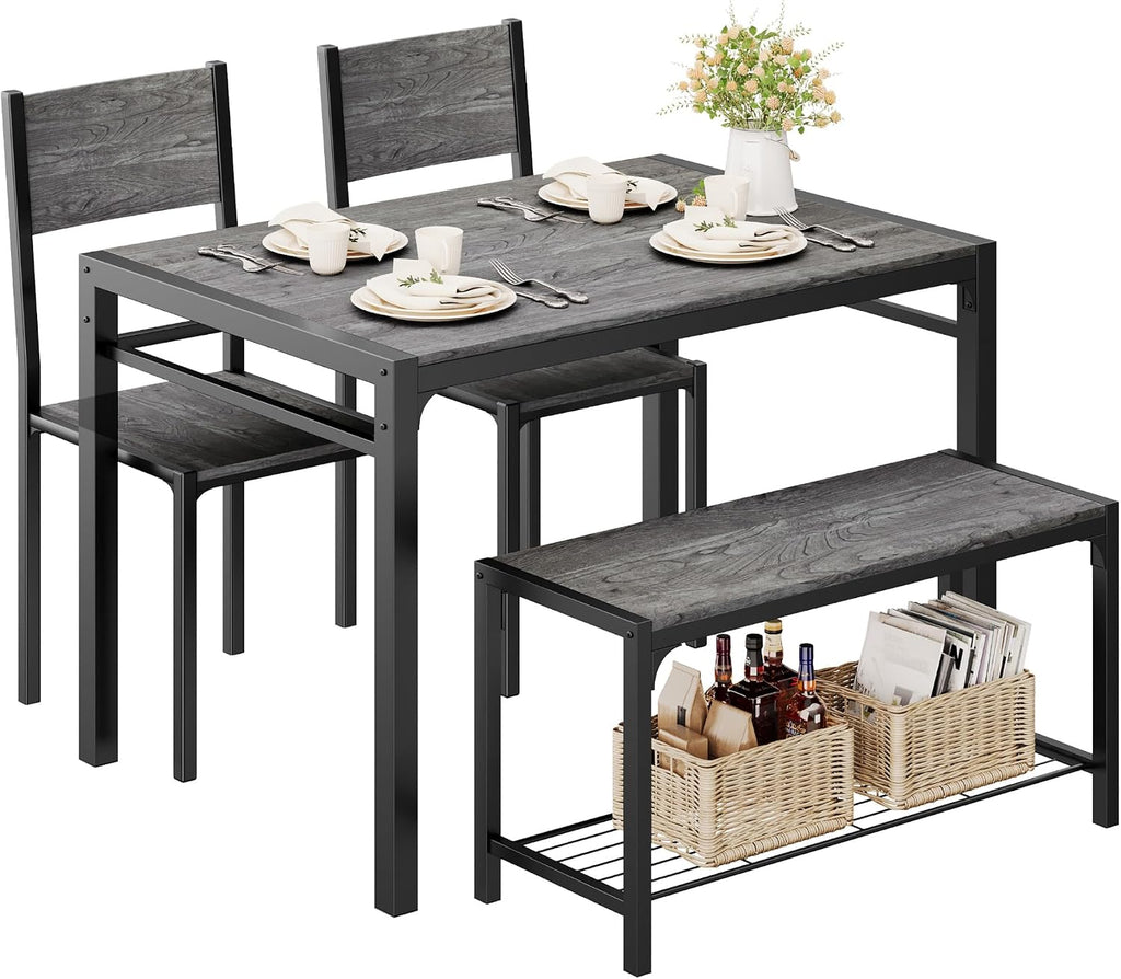 Shahoo Kitchen Table and 2 Chairs for 4 with Bench | 4 Piece Dining Sets for Small Space, Dark Grey