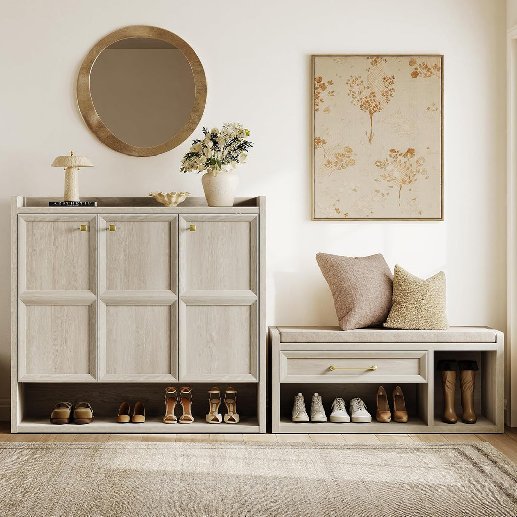 SICOTAS Shoe Bench with Storage, Farmhouse 43.3" Extra Wide Entryway Bench with Cushion, Drawer & Tall Boot Shelf, 18.9" Comfort Height Seat, Large Shoe Organizer for Hallway Bedroom, Grey White Oak