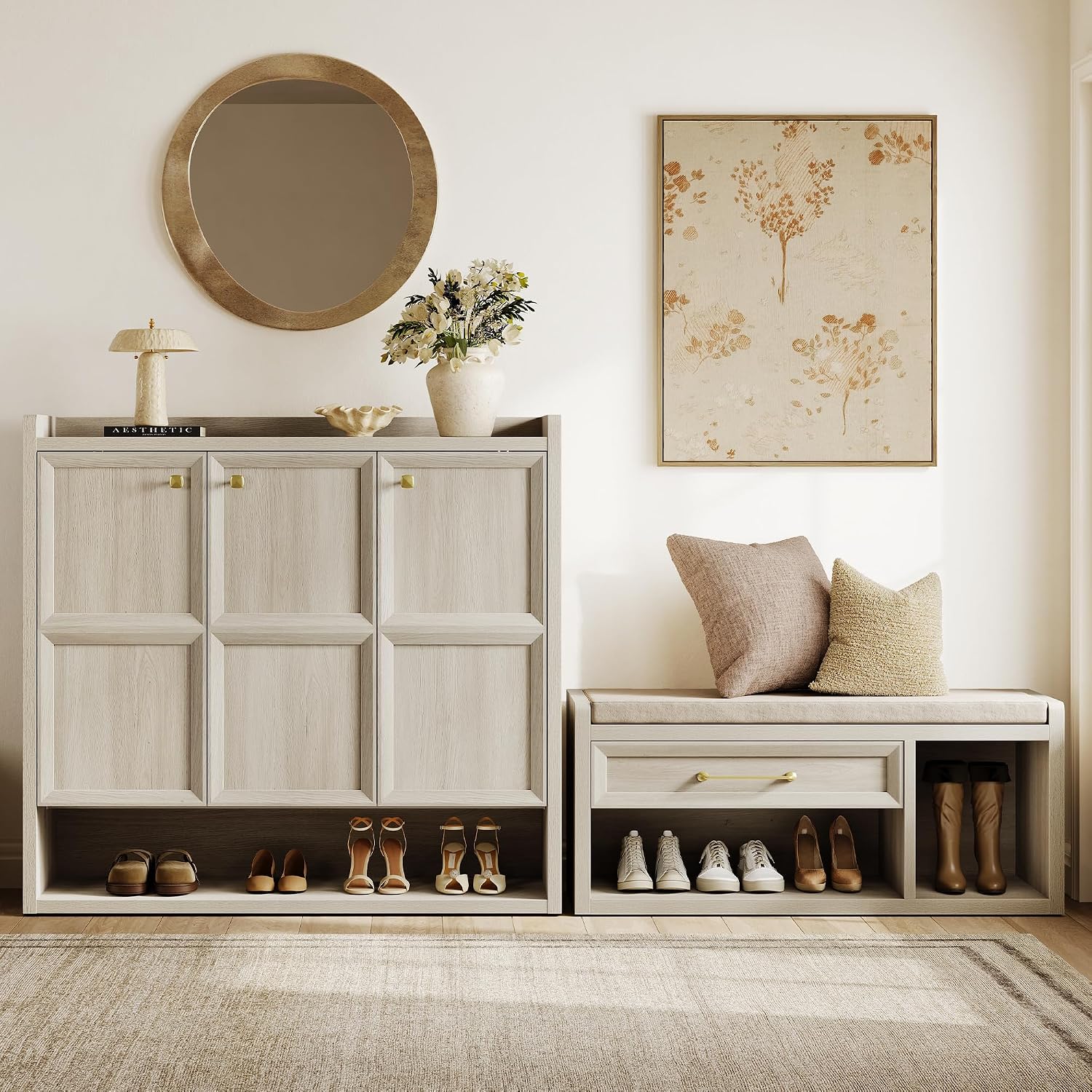 SICOTAS Shoe Bench with Storage, Farmhouse 43.3" Extra Wide Entryway Bench with Cushion, Drawer & Tall Boot Shelf, 18.9" Comfort Height Seat, Large Shoe Organizer for Hallway Bedroom, Grey White Oak
