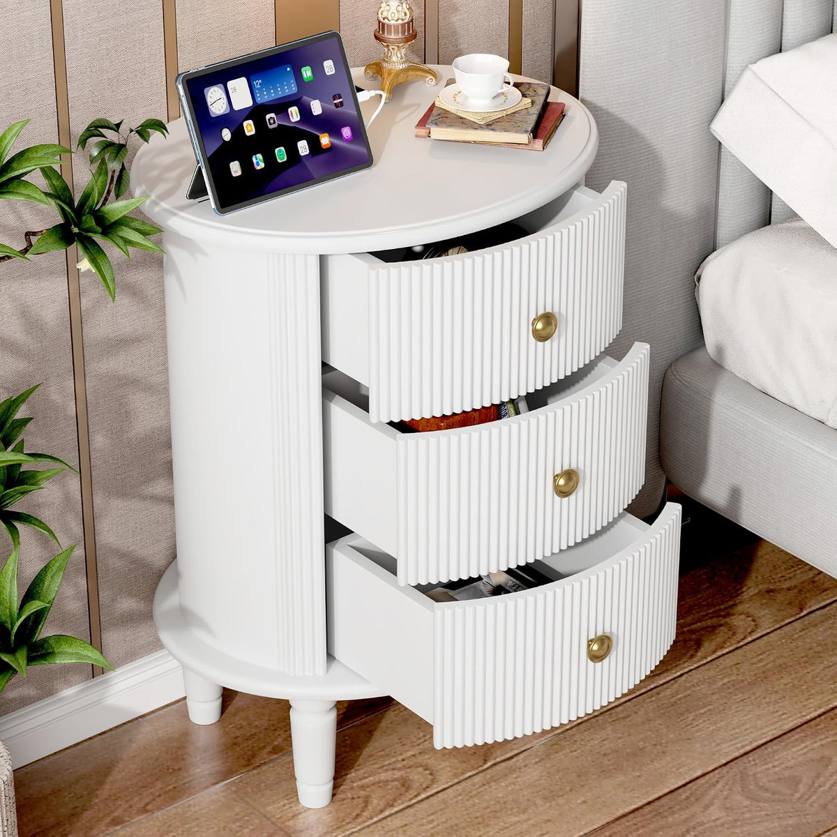 Round End Table with Charging Station, Wood Side Table with Storage for Small Spaces, White Nightstand with 3 Drawers, Couch Side Cabinet Bedside Table for Living Room/Bedroom/Corner
